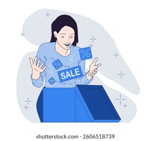 A happy woman in minimalist line art style opens a box with sale icons flying out on a light background. Concept of shopping, discount, and surprise. Vector illustration