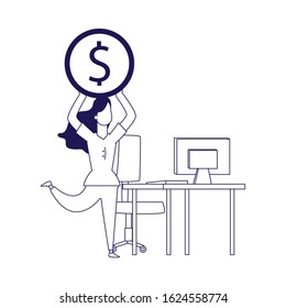 happy woman with money coin and office desk with computer around over white background, flat design, vector illustration
