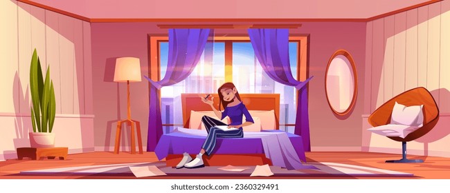Happy woman in morning home bedroom writing vector. Girl character wake up and study indoor house. Bed room interior with mirror, armchair, plant and pillow. Cozy accommodation graphic background