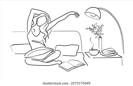 Happy woman in morning outline continuous line art drawing isolated on white background. Positive line art. Vector illustration	