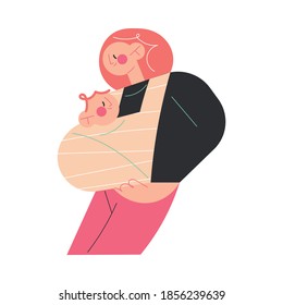Happy woman mother carrying her small baby toddler in beige sling