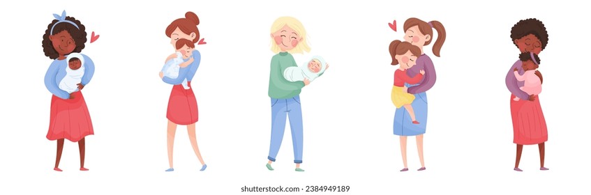 Happy Woman Mother Cuddling Her Kids Vector Set