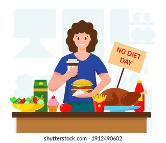 Happy Woman with much Fast Food. No Diet International Day, Holiday of Unhealthy Eating, People Choose Fastfood. Vector illustration on white background.