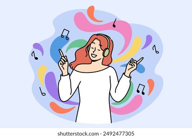 Happy woman music lover listens to music on headphones and energetically waves hands enjoying melody she likes. Teen girl uses wireless technologies and ability to dance to tracks of favorite singers