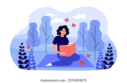 Happy woman in nature with book and tea vector illustration. Cartoon drawing of butterflies around girl reading book, healthy mind. Hobby, recreation, relaxation, literature, harmony concept