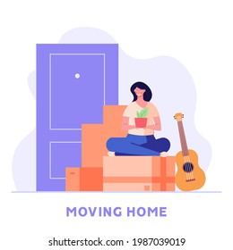 Happy woman in new house or apartment. Young girl sitting on cardboard boxes with home stuff. People moving in new home. We’re moving concept. Vector illustration for Web Design