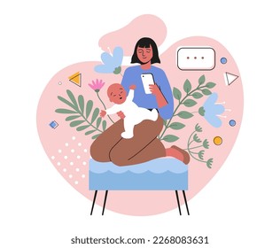 Happy woman with newborn baby. Young smiling mother holds her little son in arms and takes picture of him with smartphone. Parent hugs child and loves him. Cartoon modern flat vector illustration