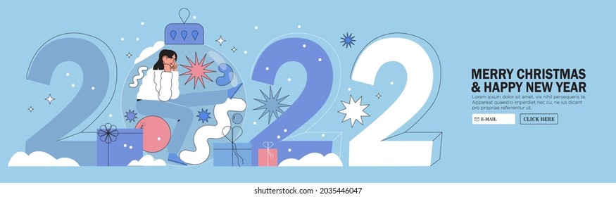 Happy  woman or office worker, employee with big numbers 2022 and presents celebrate winter holidays. Businesswoman wish Merry Christmas and happy New Year. Holiday corporate greeting.