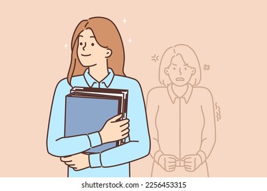 Happy woman office worker standing with document folders near angry woman located behind. Nervous girl is disappointed by success of office colleagues moving up career ladder
