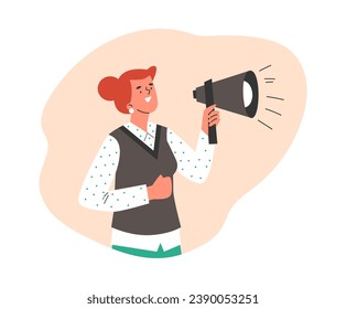 Happy woman in official clothes holding loudspeaker flat style, vector illustration isolated on white background. Decorative design element, smiling female character, motivation speaker