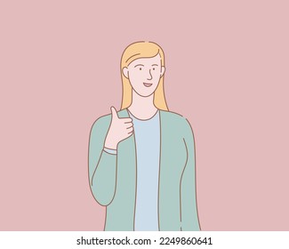 happy woman with ok thumb with outline or line and clean simple people style