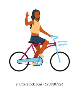 Happy Woman On Bike. Cartoon Girl Riding On Bicycle. Young African Female Character Greeting Waving Hand. Profile View Of Teenager On Cycle. Vector Cyclist In Summer Casual Clothes