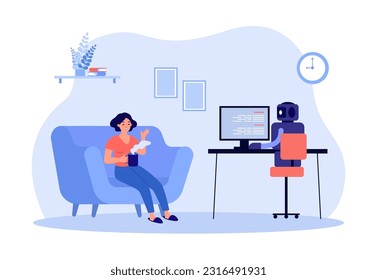 Happy woman on couch talking to robot vector illustration. AI working on computer while human relaxing, creating and sharing ideas, saving budget. Good aspects of AI, smart technology concept