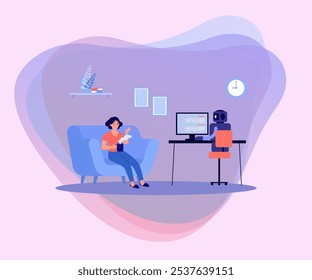 Happy woman on couch talking to robot vector illustration. AI working on computer while human relaxing, creating and sharing ideas, saving budget. Good aspects of AI, smart technology concept