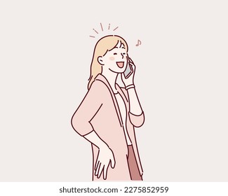 mujer feliz por teléfono. Ilustraciones de diseño vectorial de estilo dibujado a mano.