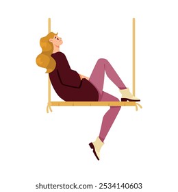 Happy Woman on Rope Swing Rocking and Relaxing Vector Illustration