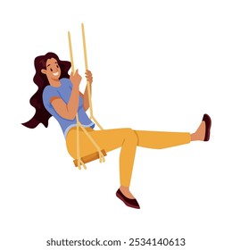 Happy Woman on Rope Swing Rocking and Relaxing Vector Illustration
