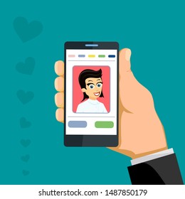 Happy woman on smartphone screen. Online chat app. Vector illustration.