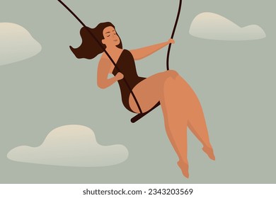 Happy woman on a swing in the sky. Woman in the clouds. Relaxation, tranquility concept. Flat graphic vector illustration isolated on blue background