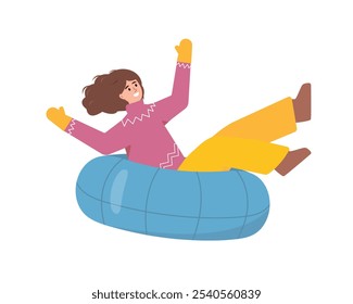 Happy woman on tubing. Cozy cold weather. Girl riding tubing. Snowy winter season outdoor activity. Vector character illustration isolated on white background.