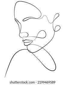 A happy woman. One line drawing the face and hair. Abstract female portrait. The modern art of minimalism.