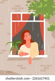 Happy woman in open window enjoying summer rain and weather vector illustration. Cartoon girl holding raindrops in hand, looking from home outside with positive emotions of life moment and joy