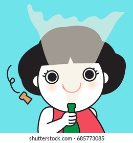 Happy Woman Opened Bottle Of Champagne With A Popping Cork And Spraying It In Her Own Face For Celebration Concept Card Character illustration