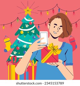 Happy woman opening gifts and presents by christmas tree vector