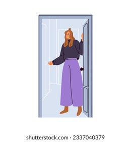 Happy woman opening unlocking home door, welcoming guests. Friendly girl indoor at entrance, greeting and inviting smb to enter house. Flat graphic vector illustration isolated on white background