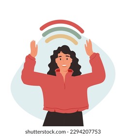 Happy woman opens her hands to the rainbow. A smiling girl creates a good atmosphere around her. Smiling female character enjoys freedom and life. Body positivity and healthcare concept