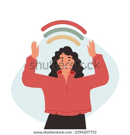 Happy woman opens her hands to the rainbow. A smiling girl creates a good atmosphere around her. Smiling female character enjoys freedom and life. Body positivity and healthcare concept