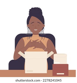 Happy woman opens order parcel. Online shopping delivery service vector illustration