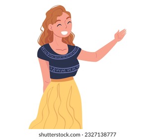 Happy Woman with Outstretched Arm Standing and Smiling Vector Illustration