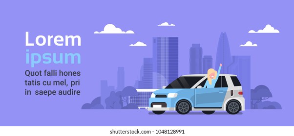 Happy Woman Owner Of New Hybrid Vechicle Over Silhouette City Background With Copy Space