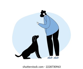 Happy Woman Owner Playing or Training Dog in Park, Female Character Spend Time with Domestic Animal, Friendship, Lifestyle, Leisure with Pet, Human and Animal Relation Cartoon Vector Illustration