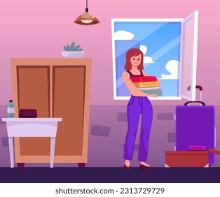 Happy woman packing clothes in suitcase, flat vector illustration. Person packing luggage for business trip or vacation. Travel agency concept. Character preparing baggage.