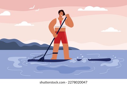 Happy woman paddling on board in the sea, flat vector illustration. Summer water sport concept. Character swimming standing on sup board.