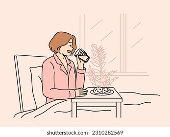 Happy woman in pajama having breakfast in bed at home. Smiling girl enjoy delicious food in hotel. Eating in bedroom. Weekend and dayoff. Vector illustration. 