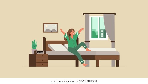 Happy woman in pajama waking up in her bed at morning. Girl sitting and stretching after getting up. Female character happy awake and ready for new day. Flat cartoon vector illustration. 