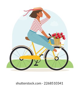 A happy woman in a panama hat with tulips in a basket rides a bicycle and rejoices at the beginning of spring. A cute girl is enjoying summer while improving her physical and mental health. Vector.