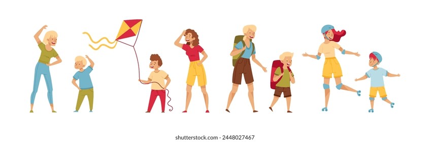 Happy Woman Parent Spend Time with Her Kid Vector Set