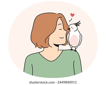 Happy woman with parrot sitting on shoulder. Smiling girl talk cuddle with exotic bird. Ornithology concept. Vector illustration.