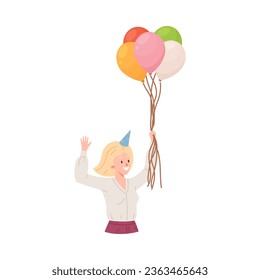 Happy woman in party hat holding colorful balloons, flat vector illustration isolated on white background. Birthday party celebration. Office worker having party.