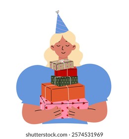 Happy woman with party hat and stacked presents – Fun cartoon illustration for celebrations, birthdays, or holidays