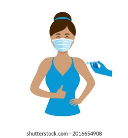 Happy woman patient during coronavirus vaccine injection vector. Young woman wearing medical mask on face and with thumb up icon. Cheerful woman getting Covid-19 vaccine shot icon
