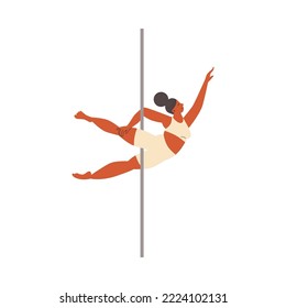 Happy woman performing pole dance on vertical pylone, flat vector illustration isolated on white background. Gymnastics exercise and dancing concepts.