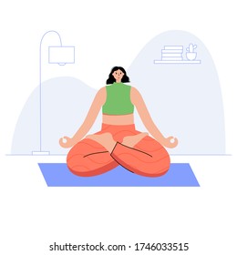 Happy woman performs a lotus yoga pose at home in her room on a mat. Adult woman cartoon character. Flat colorful vector illustration. Healthy lifestyle concept for poster and banner