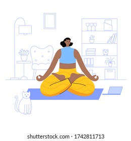 Happy woman performs online yoga exercises at home with laptop In his room with a cat. Adult woman cartoon character. Flat colorful vector illustration. Healthy lifestyle concept for poster and banner