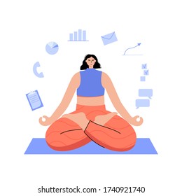 Happy woman performs yoga exercise at home or at work. Multitasking and control stress concept. Lotus pose. Adult woman cartoon character. Flat vector illustration. Healthy lifestyle design for poster