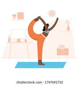 Happy woman performs yoga exercises at home with In her room with a cat. Adult afro woman cartoon character. Flat colorful vector illustration. Healthy lifestyle concept for poster and baner.